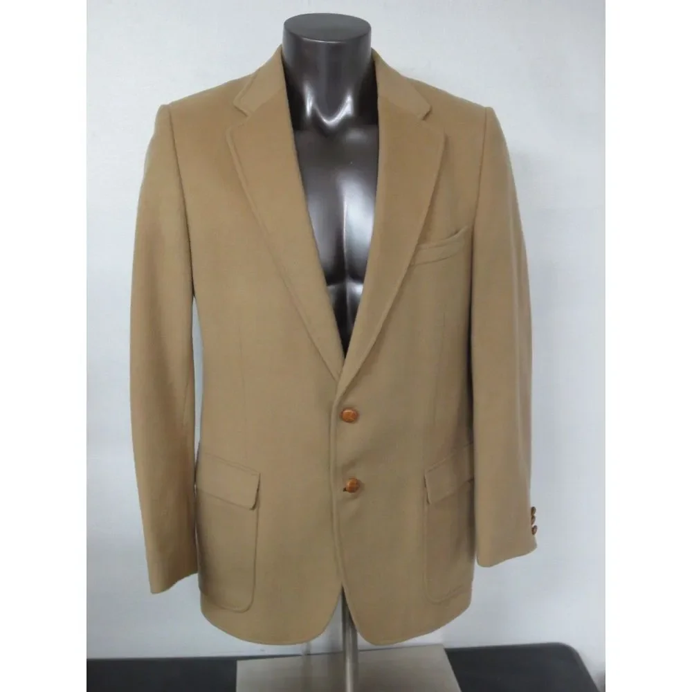 Vintage MW Man Wool Camel Hair‎ Brown Leather 2 Button Jacket Size 42 Long L J9